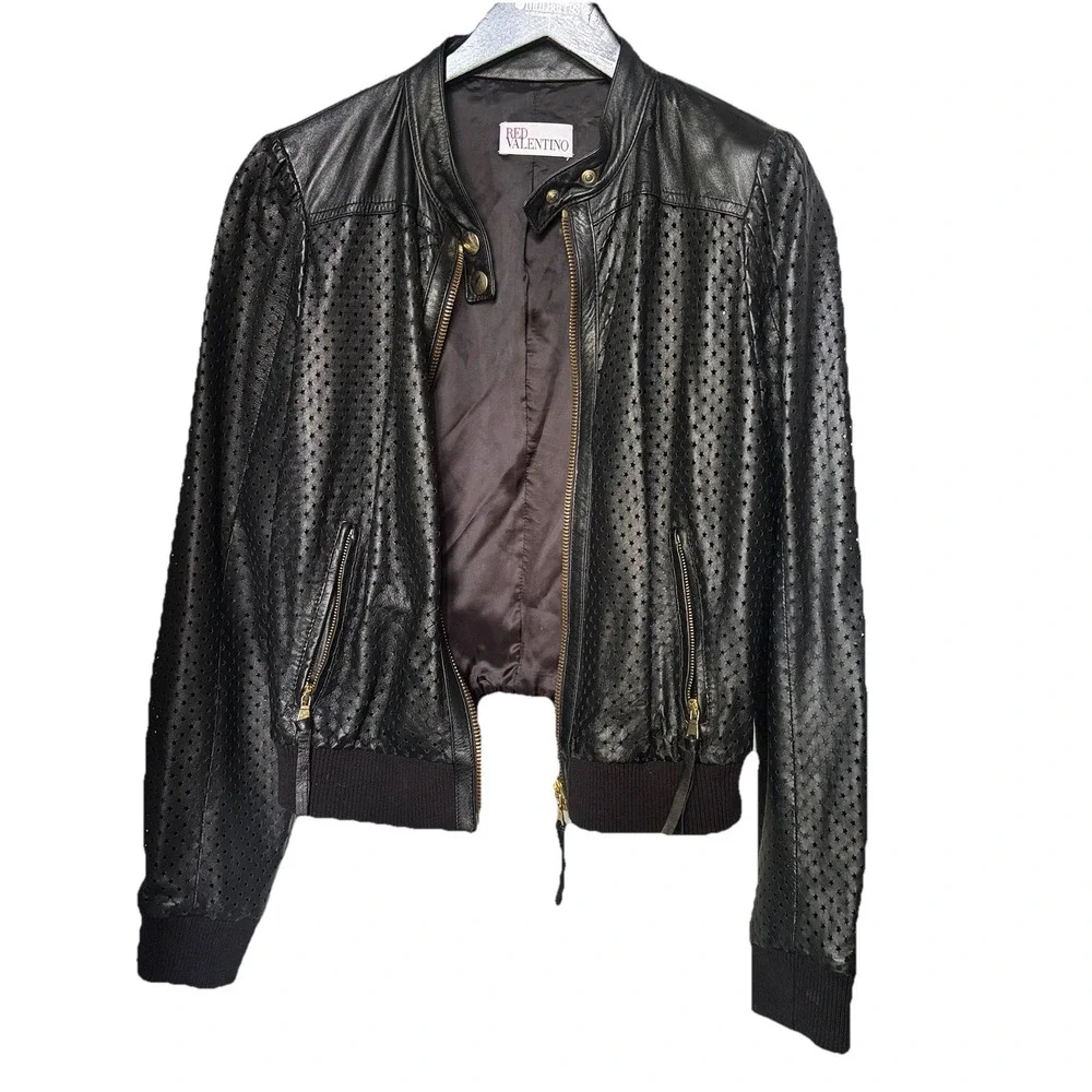 RED VALENTINO GARAVANI Perforated Leather Jacket Biker Blck Sz S-M US 46EU Women